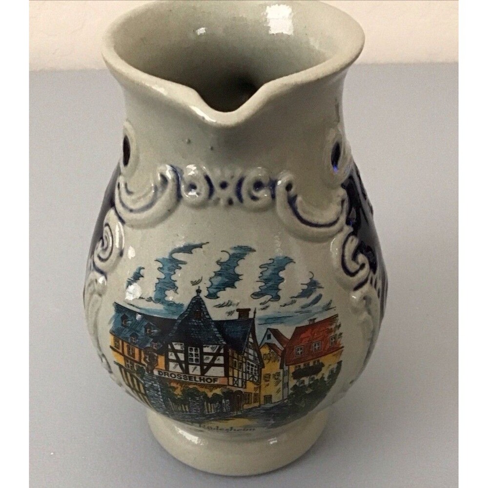 Vintage 70s Heidelberg German Stoneware Pitcher 5”, Salt Glazed, from Rudesheim